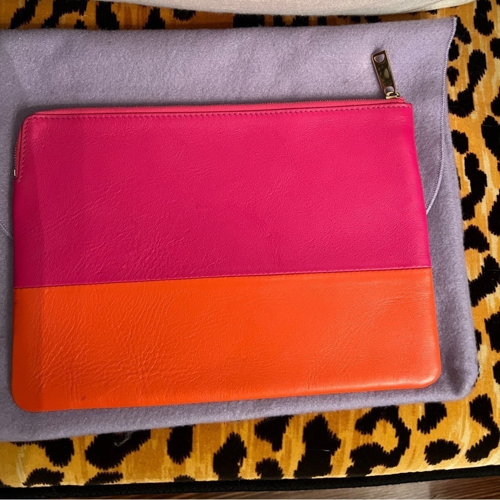 CELINE Clutch Hot Pink & Orange Color Blocking Soft Leather Pochette - Picture 6 of 13